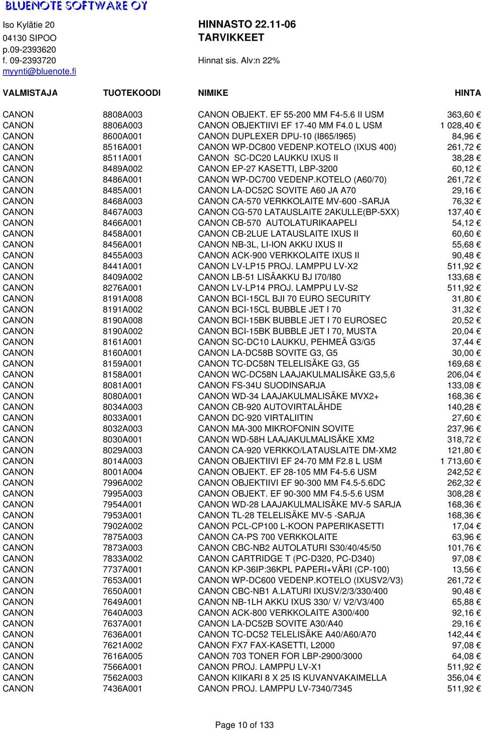 KOTELO (IXUS 400) 261,72 CANON 8511A001 CANON SC-DC20 LAUKKU IXUS II 38,28 CANON 8489A002 CANON EP-27 KASETTI, LBP-3200 60,12 CANON 8486A001 CANON WP-DC700 VEDENP.