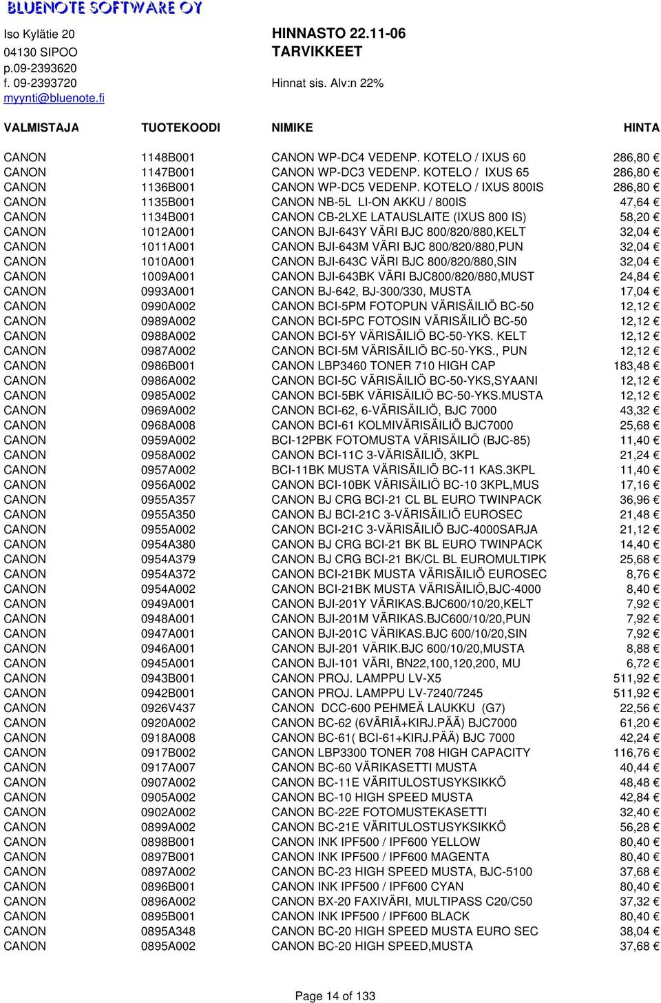 32,04 CANON 1011A001 CANON BJI-643M VÄRI BJC 800/820/880,PUN 32,04 CANON 1010A001 CANON BJI-643C VÄRI BJC 800/820/880,SIN 32,04 CANON 1009A001 CANON BJI-643BK VÄRI BJC800/820/880,MUST 24,84 CANON