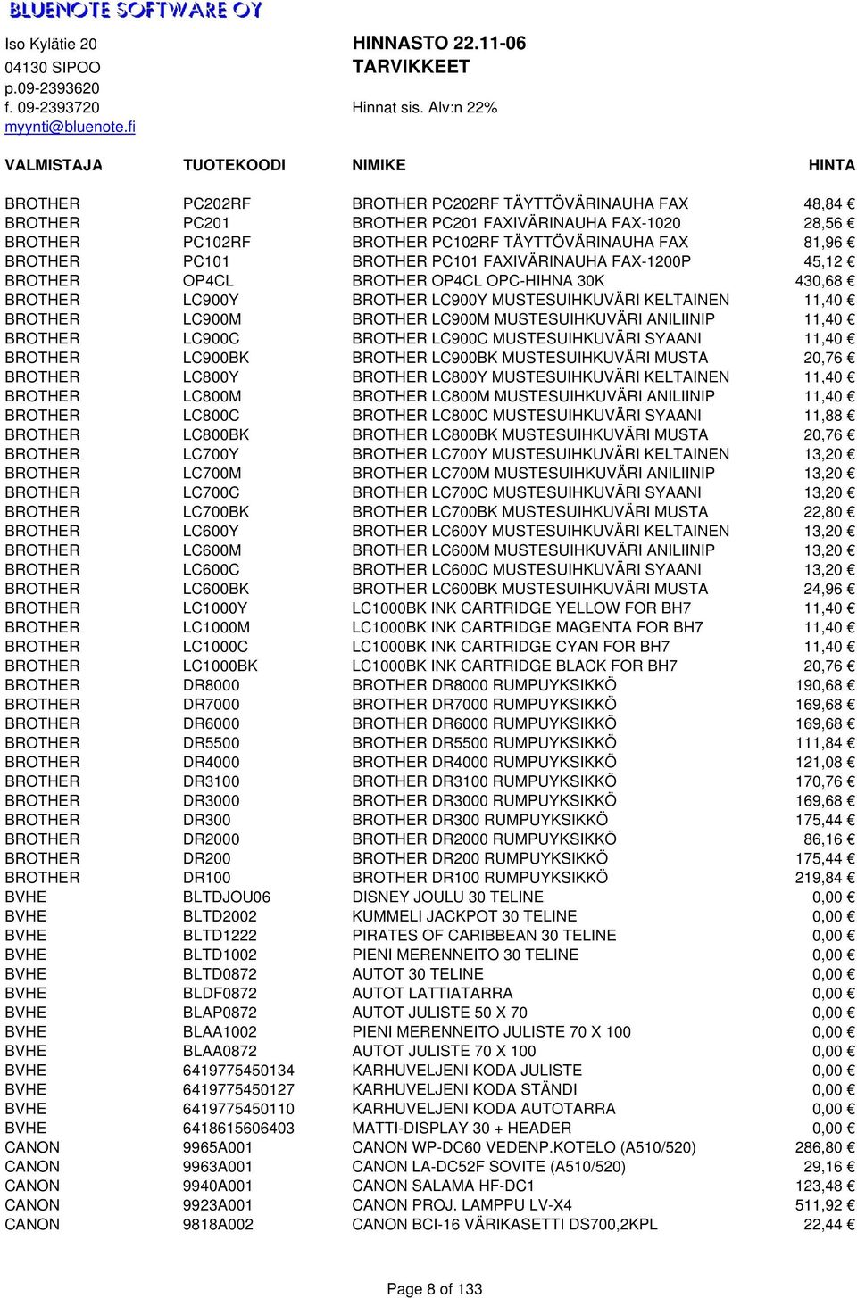 ANILIINIP 11,40 BROTHER LC900C BROTHER LC900C MUSTESUIHKUVÄRI SYAANI 11,40 BROTHER LC900BK BROTHER LC900BK MUSTESUIHKUVÄRI MUSTA 20,76 BROTHER LC800Y BROTHER LC800Y MUSTESUIHKUVÄRI KELTAINEN 11,40