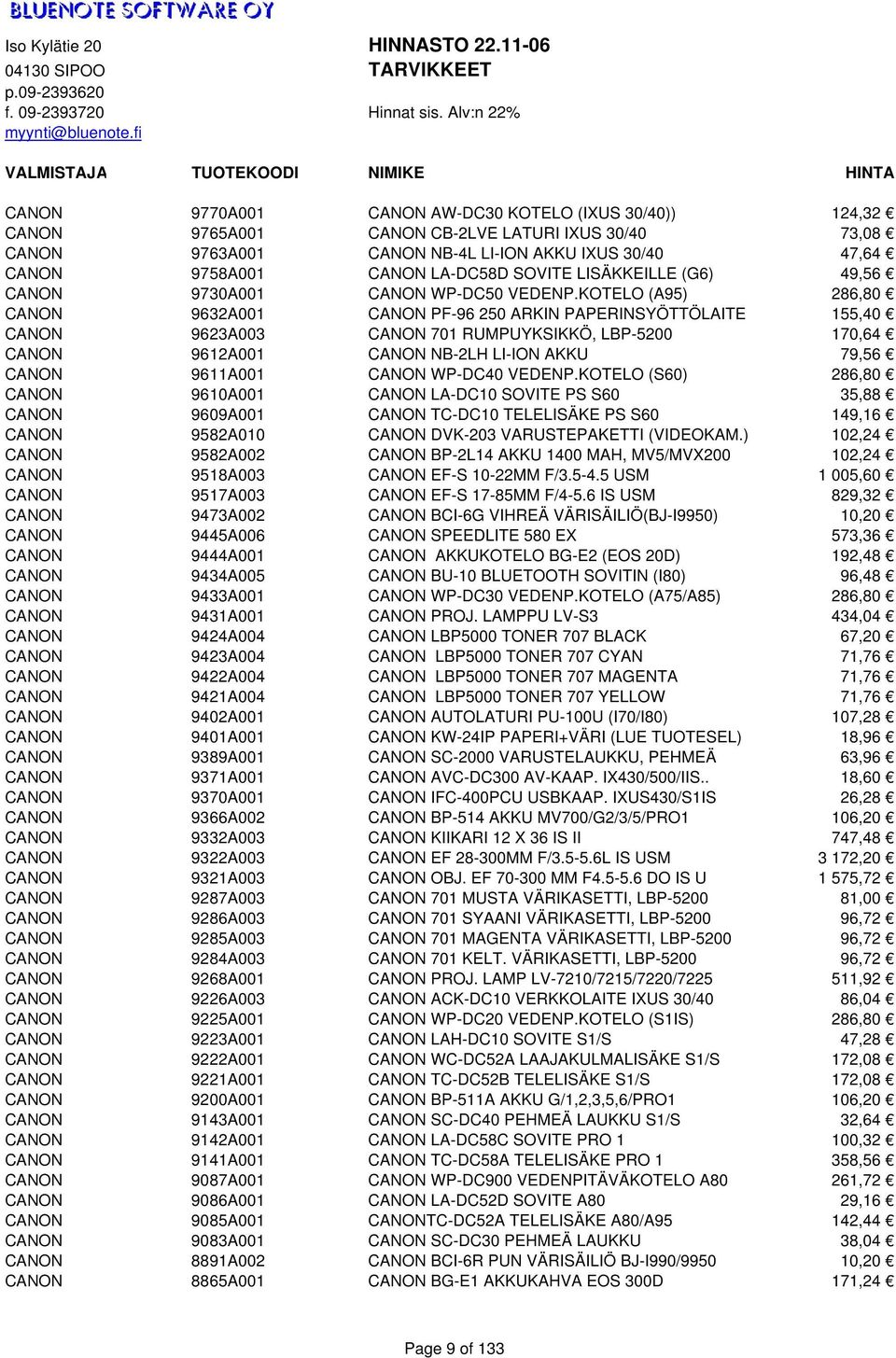 KOTELO (A95) 286,80 CANON 9632A001 CANON PF-96 250 ARKIN PAPERINSYÖTTÖLAITE 155,40 CANON 9623A003 CANON 701 RUMPUYKSIKKÖ, LBP-5200 170,64 CANON 9612A001 CANON NB-2LH LI-ION AKKU 79,56 CANON 9611A001