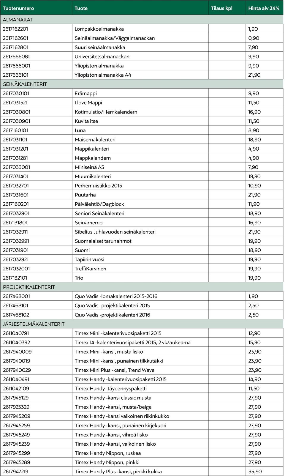 Kotimuistio/Hemkalendern 16,90 2617030901 Kuvita itse 11,50 2617160101 Luna 8,90 2617031101 Maisemakalenteri 18,90 2617031201 Mappikalenteri 4,90 2617031281 Mappkalendern 4,90 2617033001 Miniseinä A5