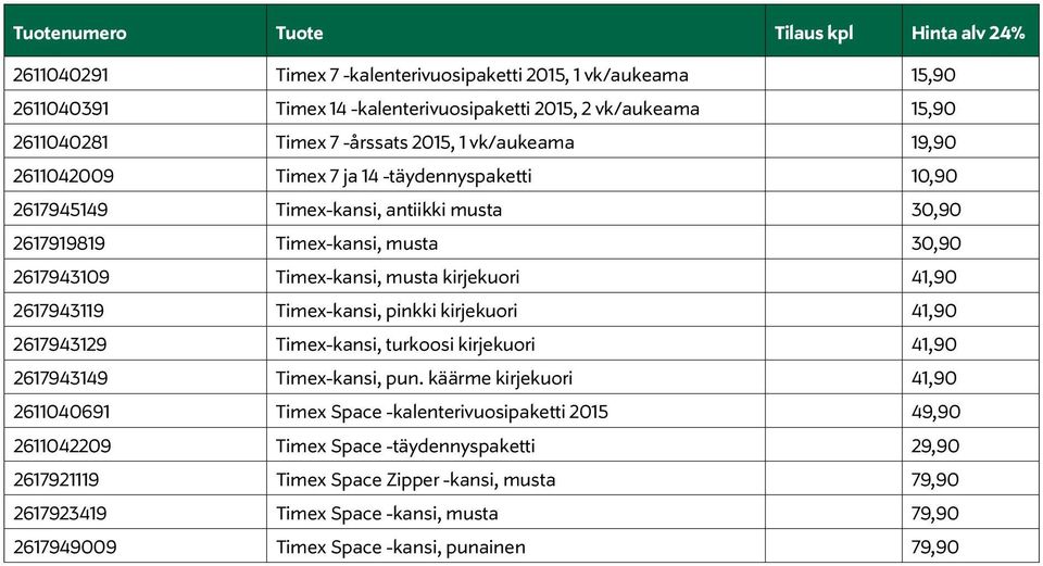 kirjekuori 41,90 2617943119 Timex-kansi, pinkki kirjekuori 41,90 2617943129 Timex-kansi, turkoosi kirjekuori 41,90 2617943149 Timex-kansi, pun.