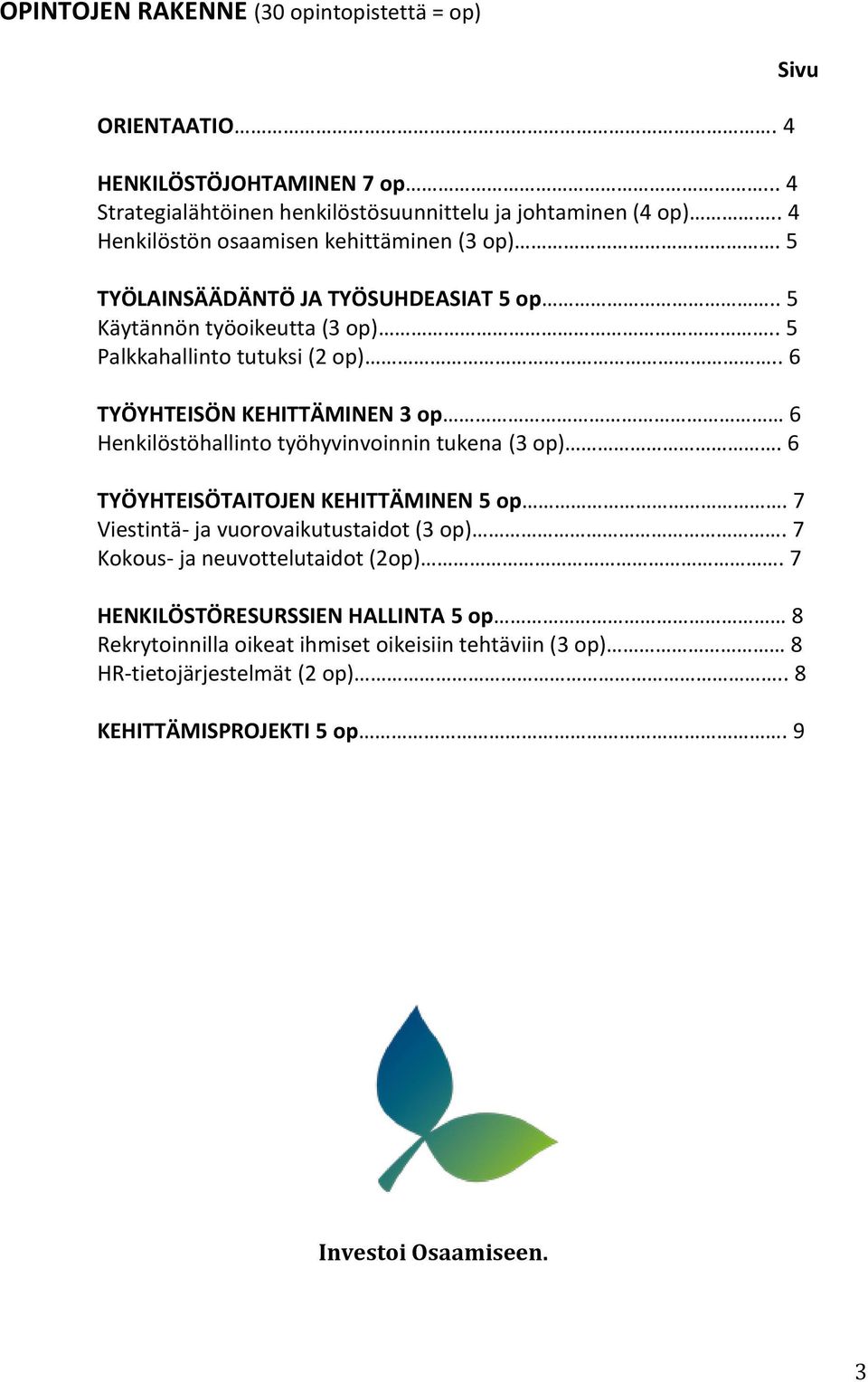 . 6 TYÖYHTEISÖN KEHITTÄMINEN 3 op 6 Henkilöstöhallinto työhyvinvoinnin tukena. 6 TYÖYHTEISÖTAITOJEN KEHITTÄMINEN 5 op. 7 Viestintä- ja vuorovaikutustaidot.