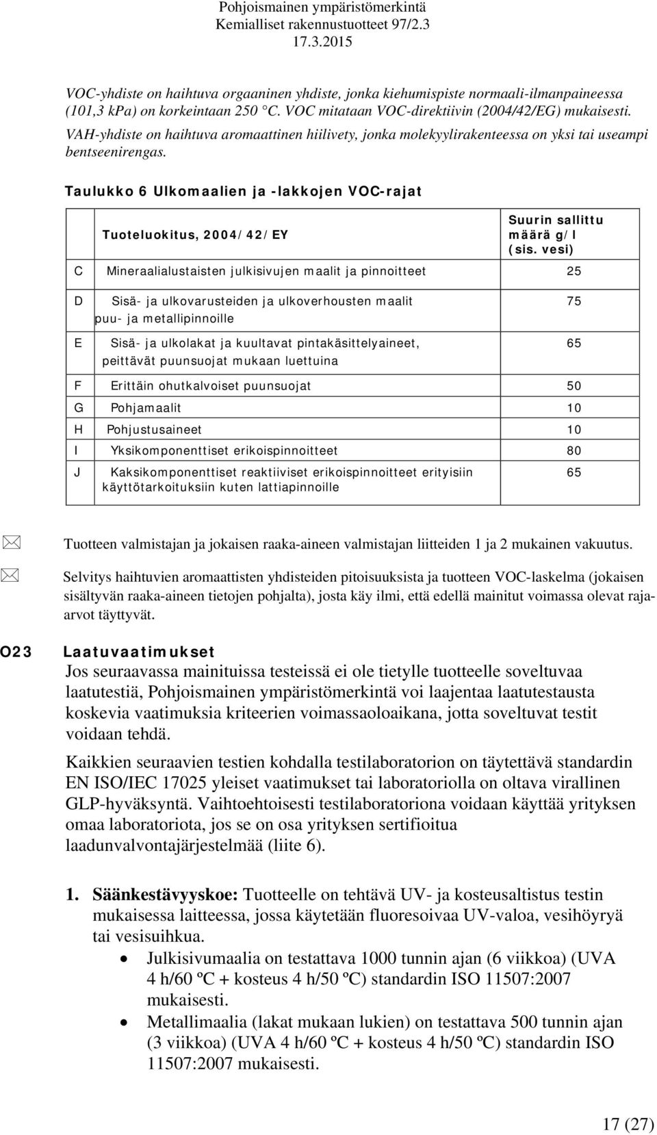 Taulukko 6 Ulkomaalien ja -lakkojen VOC-rajat Tuoteluokitus, 2004/42/EY Suurin sallittu määrä g/l (sis.