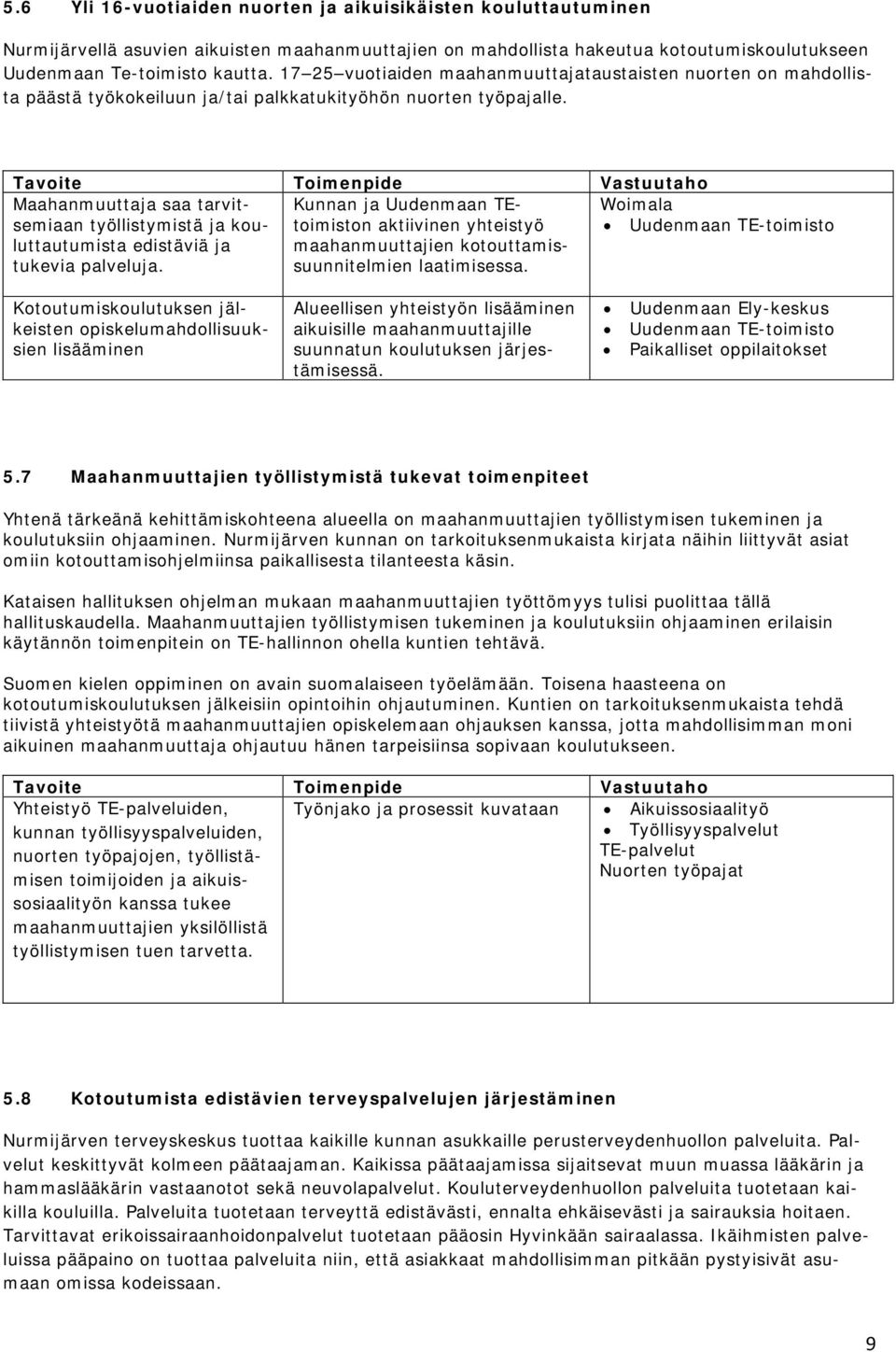 Maahanmuuttaja saa tarvitsemiaan Kunnan ja Uudenmaan TEtoimiston Woimala työllistymistä ja kou- luttautumista edistäviä ja tukevia palveluja.