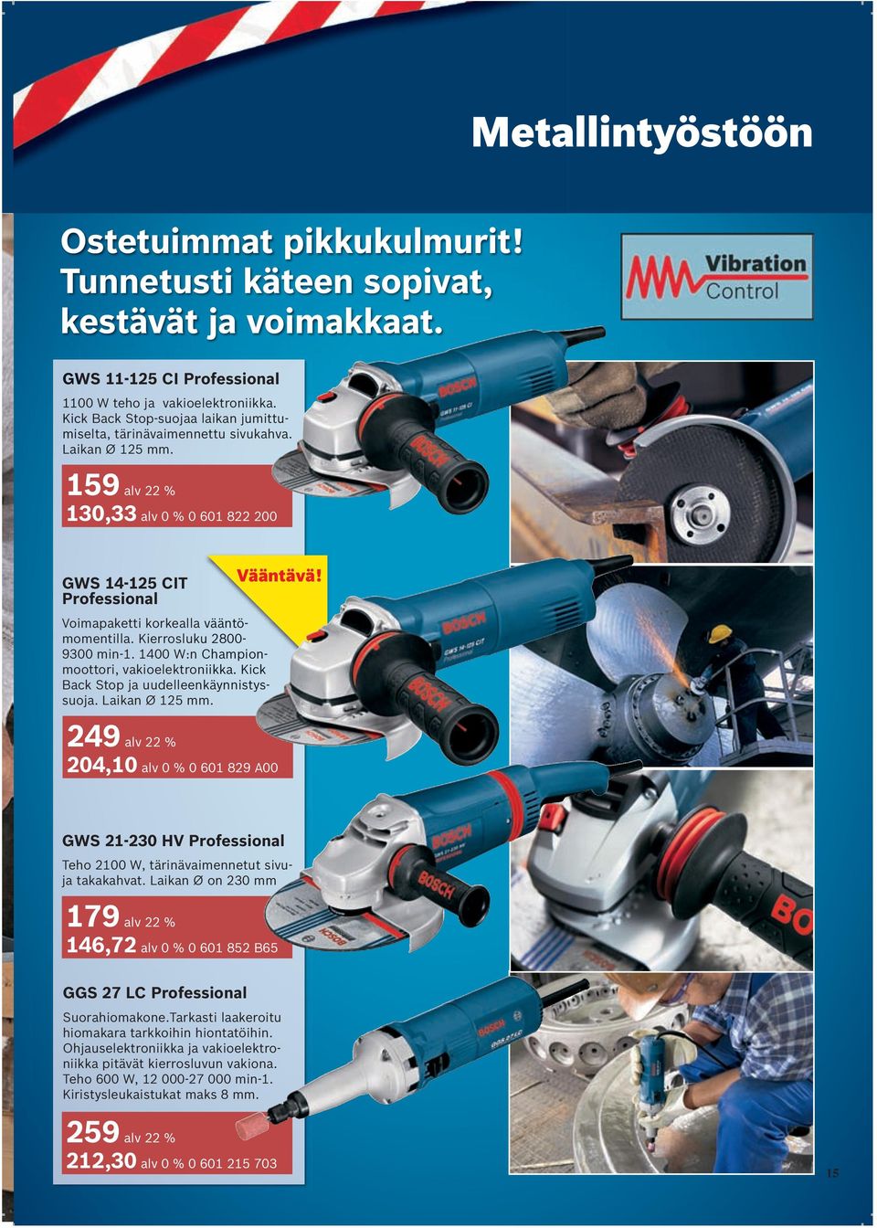 Kierrosluku u 2800- vääntö- 9300 min-1. 1400 W:n Championmoottori, vakioelektroniikka. Kick Back Stop ja uudelleenkäynnistyssuoja. Laikan Ø 125 mm. Vääntävä!