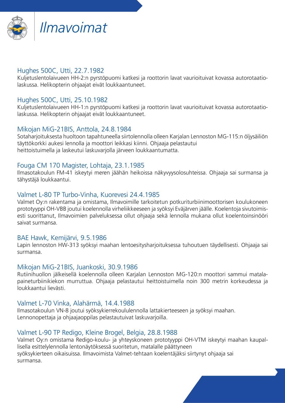 Mikojan MiG-21BIS, Anttola, 24.8.1984 Sotaharjoituksesta huoltoon tapahtuneella siirtolennolla olleen Karjalan Lennoston MG-115:n öljysäiliön täyttökorkki aukesi lennolla ja moottori leikkasi kiinni.