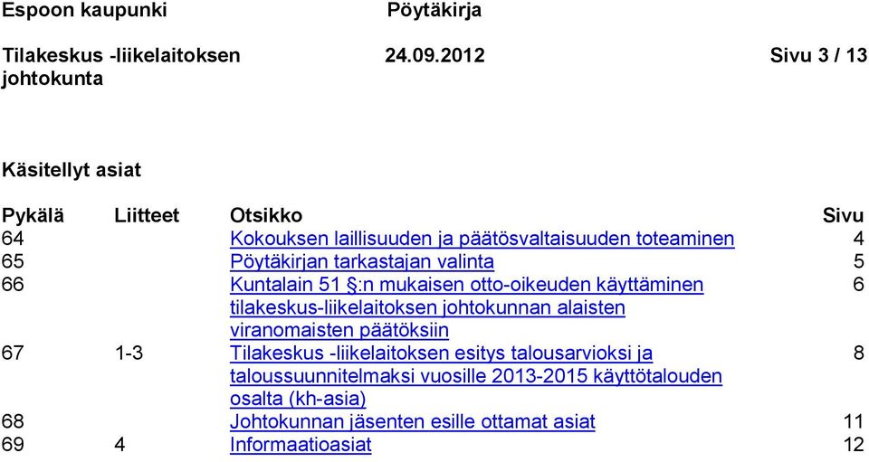 65 Pöytäkirjan tarkastajan valinta 5 66 Kuntalain 51 :n mukaisen otto-oikeuden käyttäminen 6 tilakeskus-liikelaitoksen