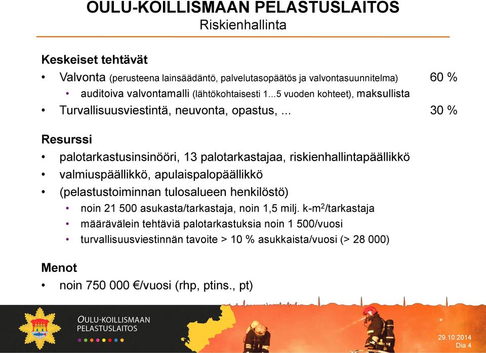 .. 30 % Resurssi palotarkastusinsinööri, 13 palotarkastajaa, riskienhallintapäällikkö valmiuspäällikkö, apulaispalopäällikkö (pelastustoiminnan tulosalueen henkilöstö)