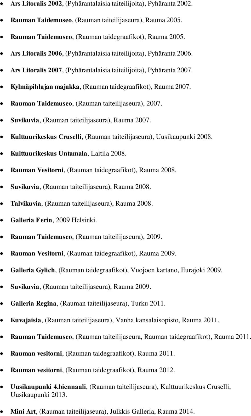 Rauman Taidemuseo, (Rauman taiteilijaseura), 2007. Suvikuvia, (Rauman taiteilijaseura), Rauma 2007. Kulttuurikeskus Cruselli, (Rauman taiteilijaseura), Uusikaupunki 2008.