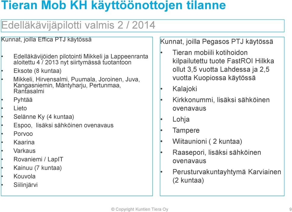 Porvoo Kaarina Varkaus Rovaniemi / LapIT Kainuu (7 kuntaa) Kouvola Siilinjärvi Kunnat, joilla Pegasos PTJ käytössä Tieran mobiili kotihoidon kilpailutettu tuote FastROI Hilkka ollut 3,5 vuotta