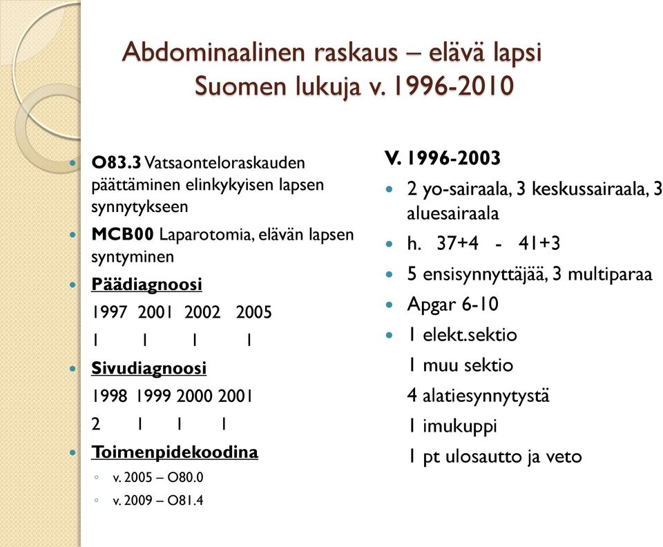 1997 2001 2002 2005 1 1 1 1 Sivudiagnoosi 1998 1999 2000 2001 2 1 1 1 Toimenpidekoodina v. 2005 O80.0 v. 2009 O81.4 V.