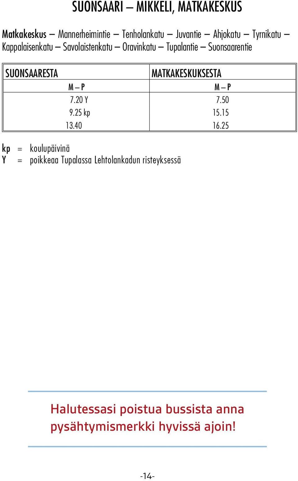 MATKAKESKUKSESTA M P M P 7.20 Y 7.50 9.25 kp 15.15 13.40 16.