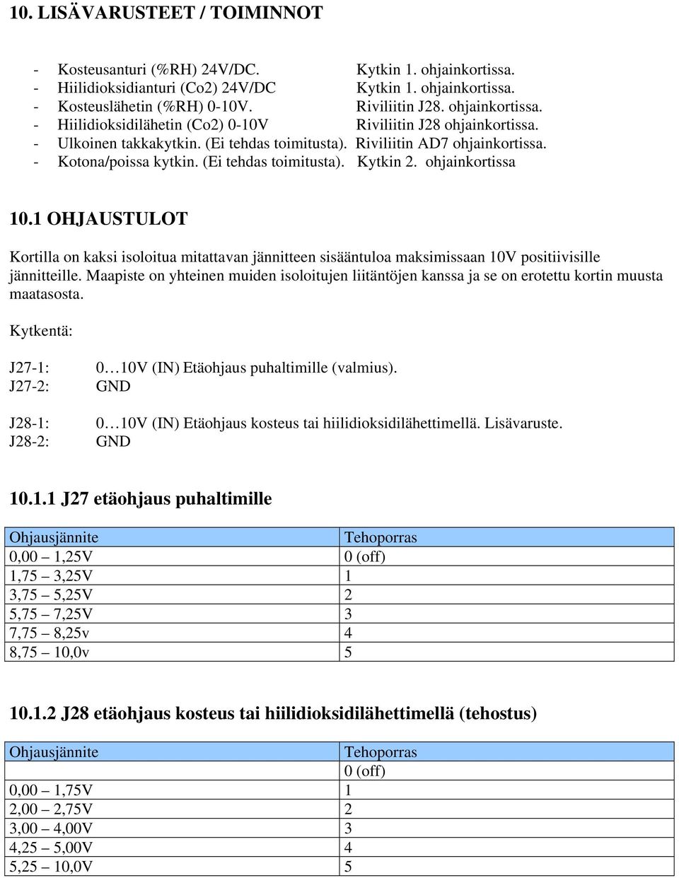 (Ei tehdas toimitusta). Kytkin 2. ohjainkortissa 10.1 OHJAUSTULOT Kortilla on kaksi isoloitua mitattavan jännitteen sisääntuloa maksimissaan 10V positiivisille jännitteille.