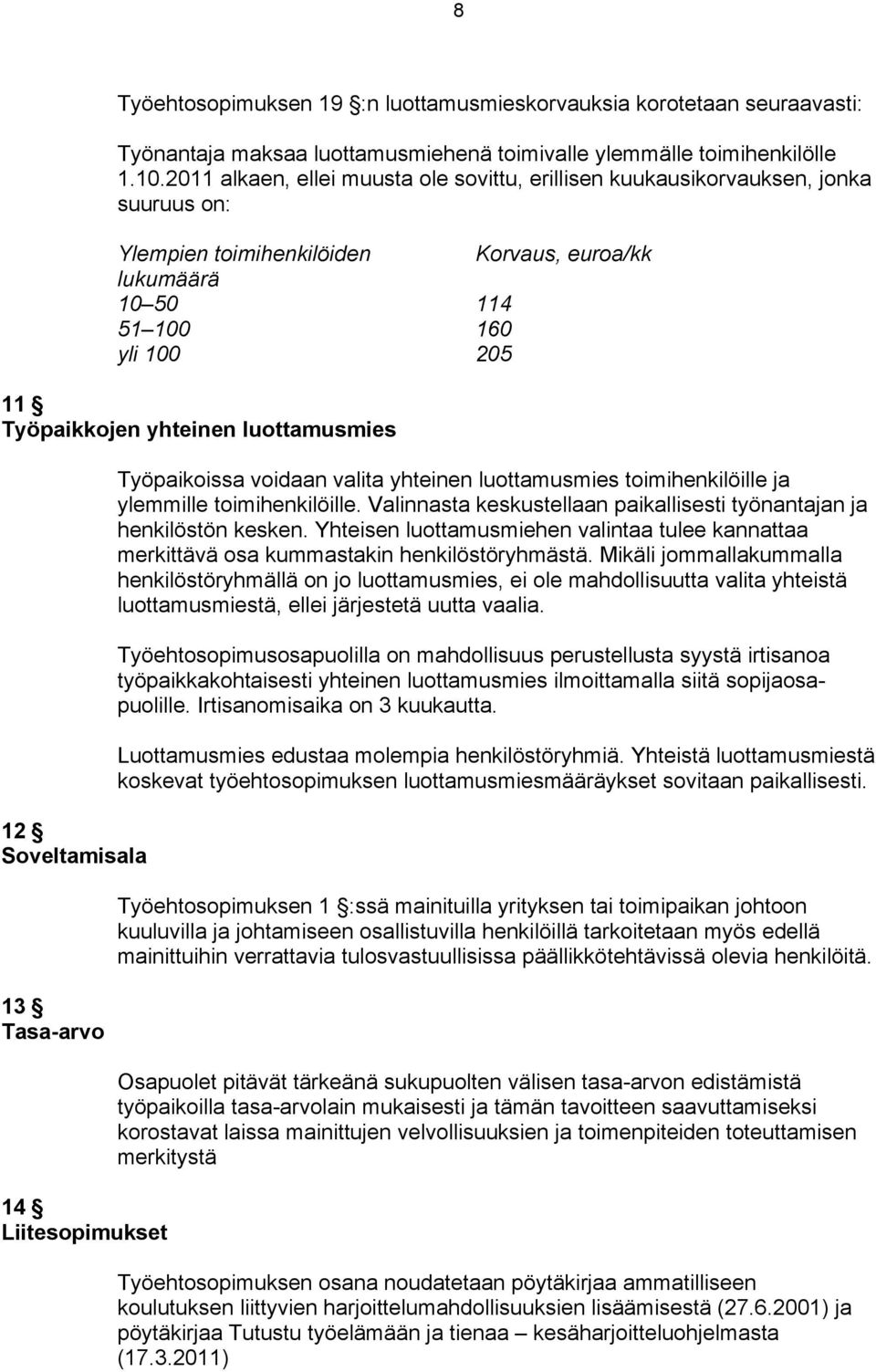 luottamusmies 12 Soveltamisala 13 Tasa-arvo 14 Liitesopimukset Työpaikoissa voidaan valita yhteinen luottamusmies toimihenkilöille ja ylemmille toimihenkilöille.