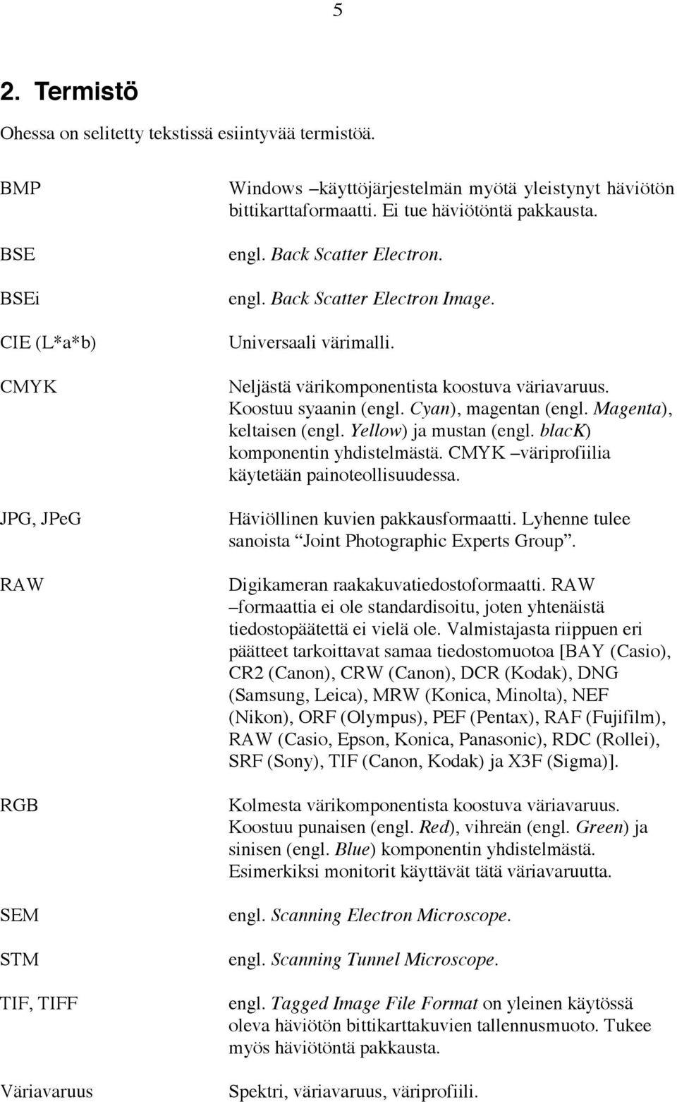 Back Scatter Electron. engl. Back Scatter Electron Image. Universaali värimalli. Neljästä värikomponentista koostuva väriavaruus. Koostuu syaanin (engl. Cyan), magentan (engl.