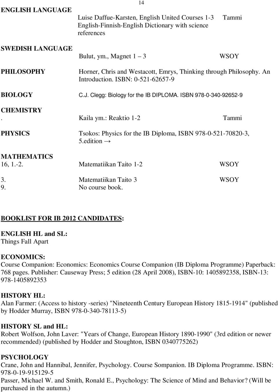 ISBN 978-0-340-92652-9 CHEMISTRY. Kaila ym.: Reaktio 1-2 Tammi PHYSICS Tsokos: Physics for the IB Diploma, ISBN 978-0-521-70820-3, 5.edition MATHEMATICS 16, 1.-2. Matematiikan Taito 1-2 WSOY 3.