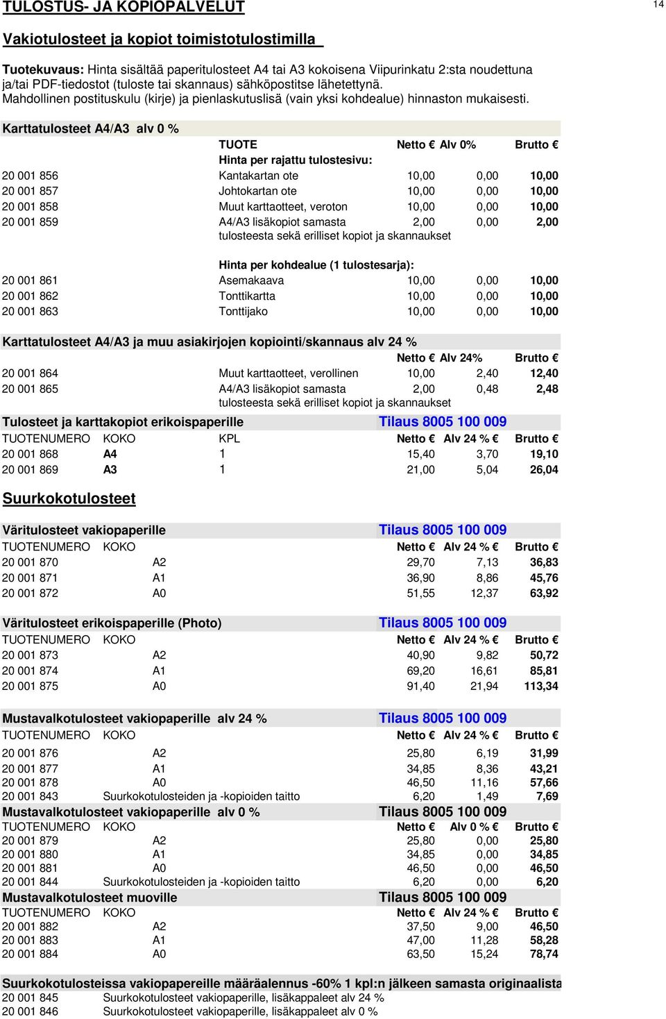 Karttatulosteet A4/A3 alv 0 % TUOTE Netto Alv 0% Brutto Hinta per rajattu tulostesivu: 20 001 856 Kantakartan ote 10,00 0,00 10,00 20 001 857 Johtokartan ote 10,00 0,00 10,00 20 001 858 Muut