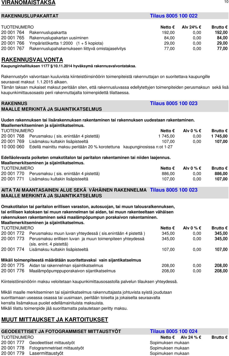 7 /10.11.2014 hyväksymä rakennusvalvontataksa. Rakennustyön valvontaan kuuluvista kiinteistöinsinöörin toimenpiteistä rakennuttajan on suoritettava kaupungille seuraavat maksut 1.1.2015 alkaen.