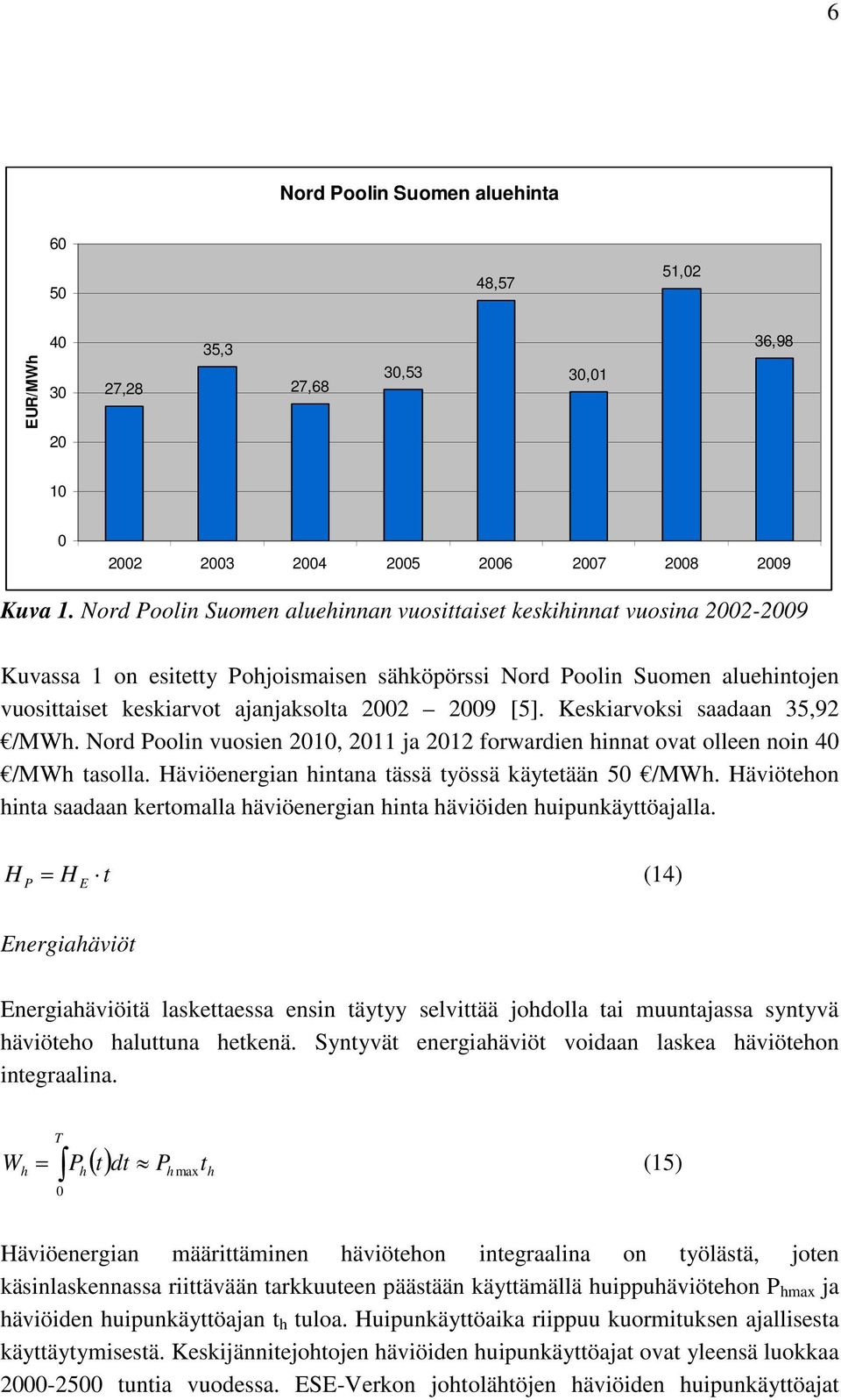 [5]. Keskiarvoksi saadaan 35,92 /MWh. Nord Poolin vuosien 2010, 2011 ja 2012 forwardien hinnat ovat olleen noin 40 /MWh tasolla. Häviöenergian hintana tässä työssä käytetään 50 /MWh.