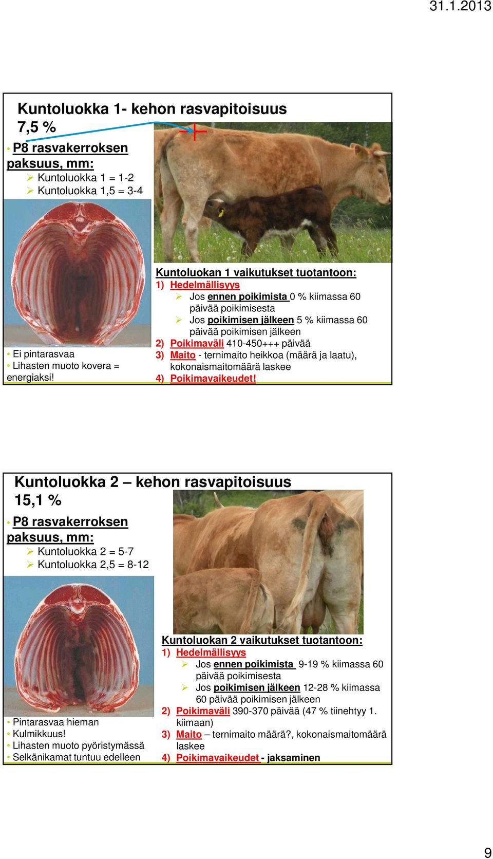 1) Hedelmällisyys Jos ennen poikimista 0 % kiimassa 60 päivää poikimisesta Jos poikimisen jälkeen 5 % kiimassa 60 päivää poikimisen jälkeen 2) Poikimaväli 410-450+++ päivää 3) Maito - ternimaito