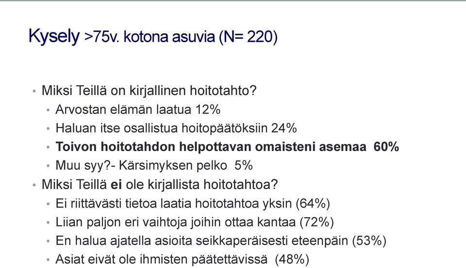 60% Muu syy?- Kärsimyksen pelko 5% Miksi Teillä ei ole kirjallista hoitotahtoa?