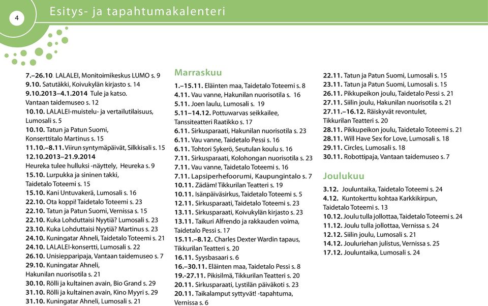 15 15.10. Kani Untuvakerä, Lumosali s. 16 22.10. Ota koppi! Taidetalo Toteemi s. 23 22.10. Tatun ja Patun Suomi, Vernissa s. 15 22.10. Kuka Lohduttaisi Nyytiä? Lumosali s. 23 23.10. Kuka Lohduttaisi Nyytiä? Martinus s.