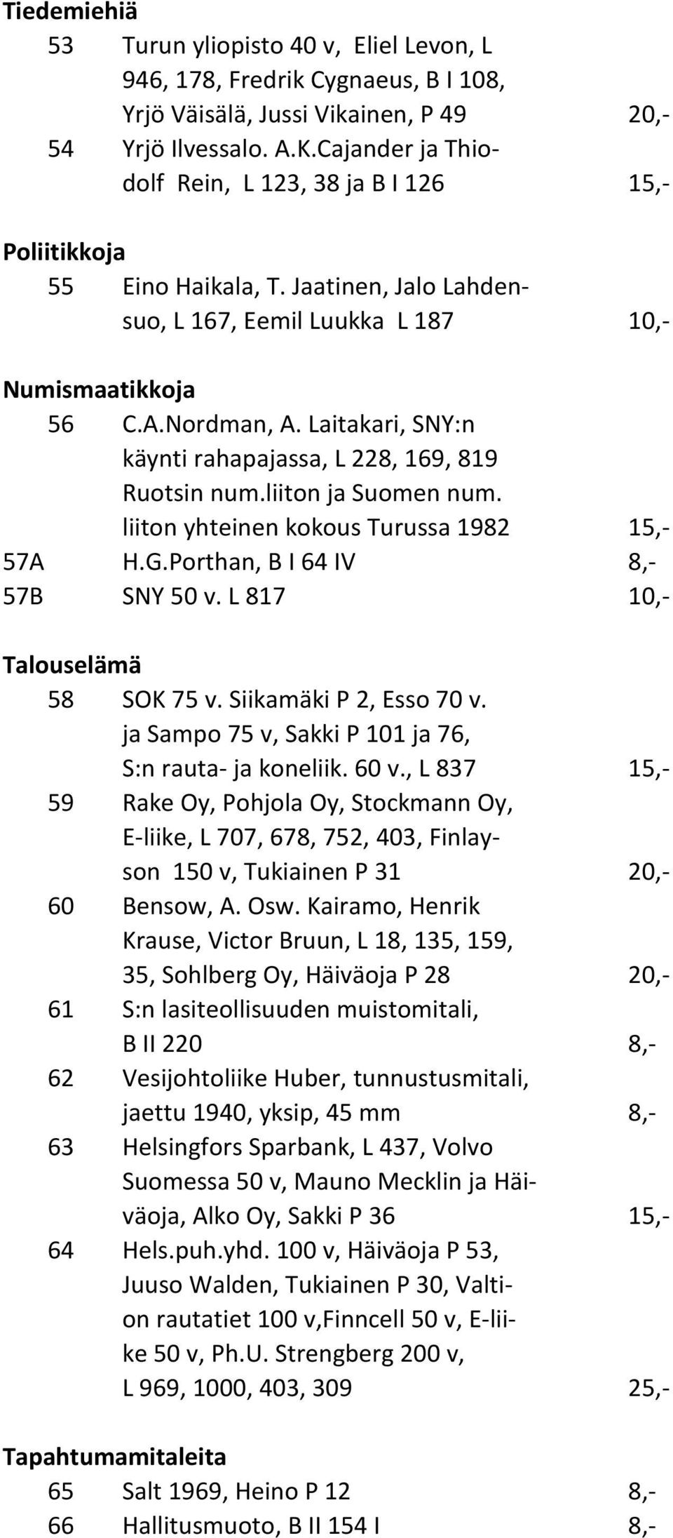 Laitakari, SNY:n käynti rahapajassa, L 228, 169, 819 Ruotsin num.liiton ja Suomen num. liiton yhteinen kokous Turussa 1982 15,- 57A H.G.Porthan, B I 64 IV 8,- 57B SNY 50 v.