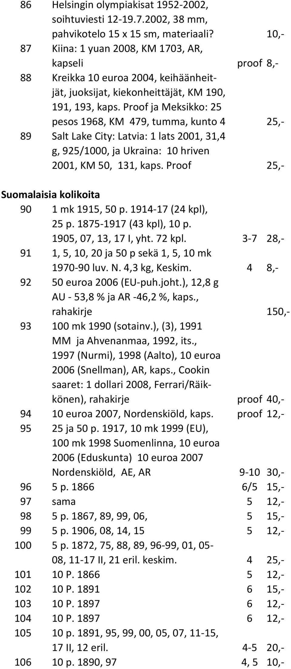 Proof ja Meksikko: 25 pesos 1968, KM 479, tumma, kunto 4 25,- 89 Salt Lake City: Latvia: 1 lats 2001, 31,4 g, 925/1000, ja Ukraina: 10 hriven 2001, KM 50, 131, kaps.