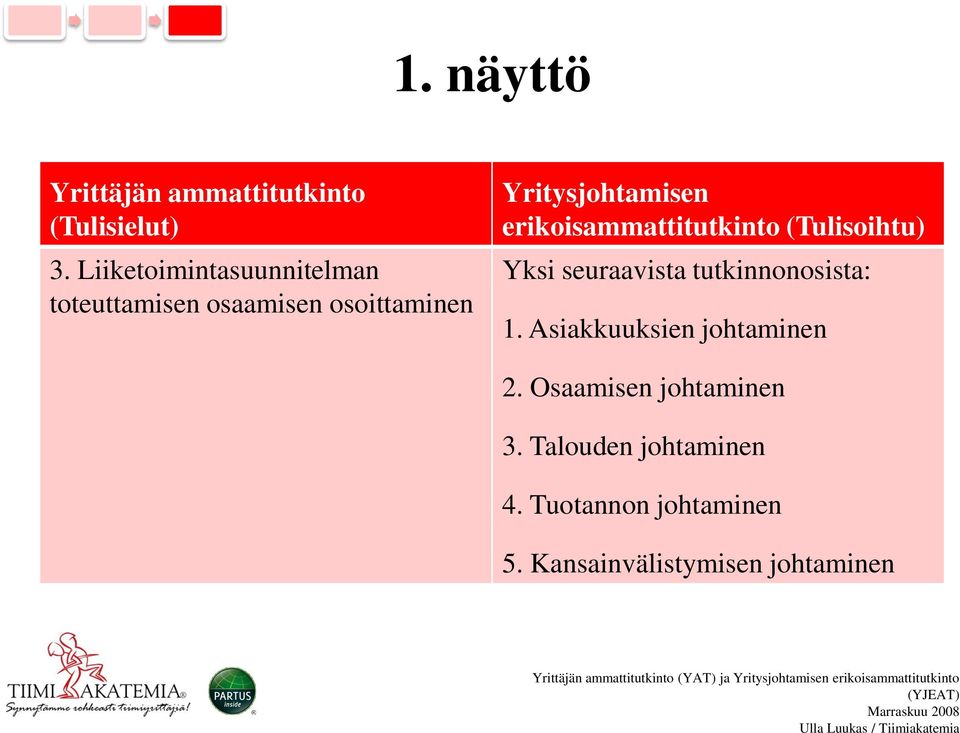 erikoisammattitutkinto (Tulisoihtu) Yksi seuraavista tutkinnonosista: 1.