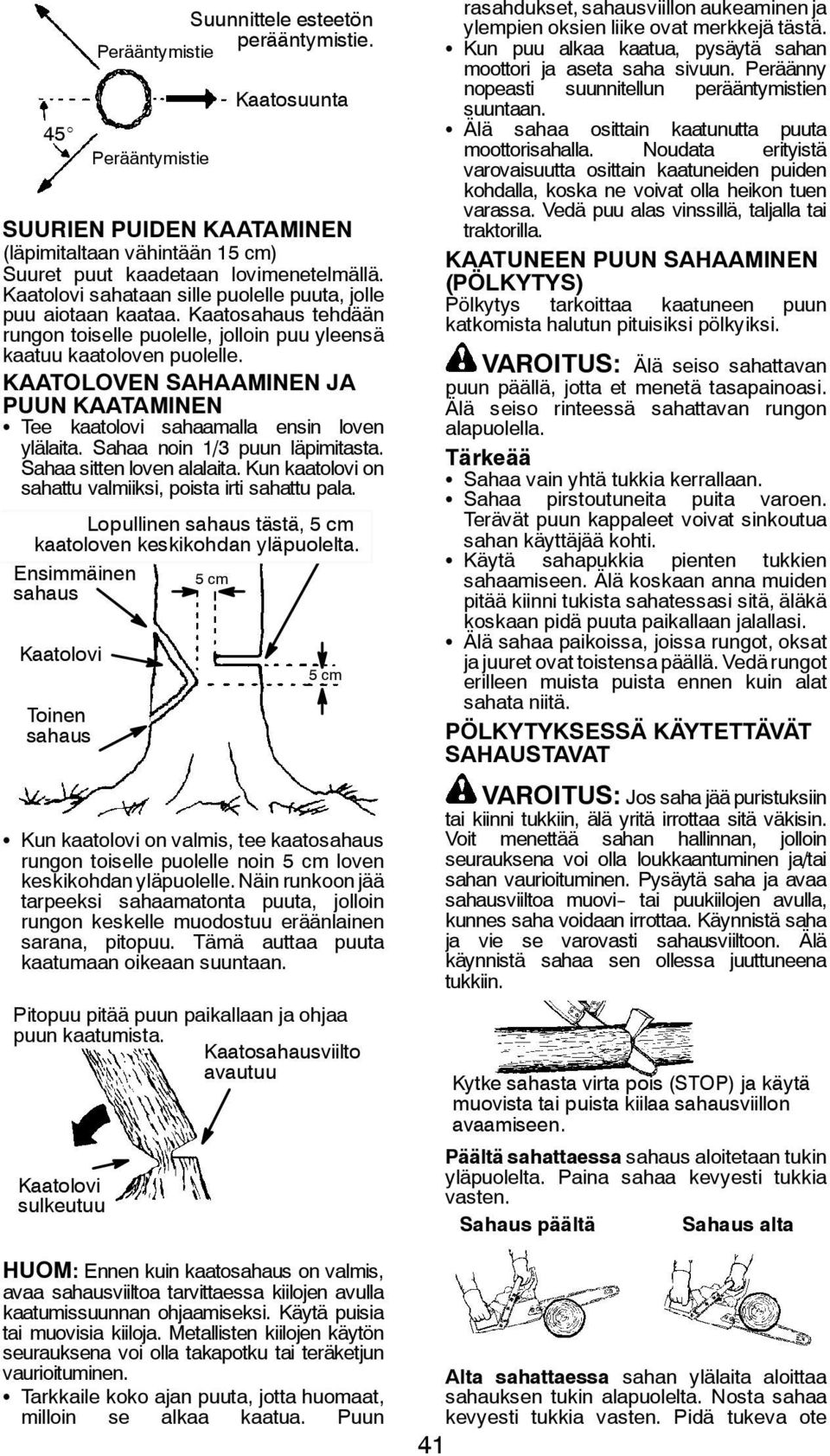 KAATOLOVEN SAHAAMINEN JA PUUN KAATAMINEN S Tee kaatolovi sahaamalla ensin loven ylälaita. Sahaa noin 1/3 puun läpimitasta. Sahaa sitten loven alalaita.