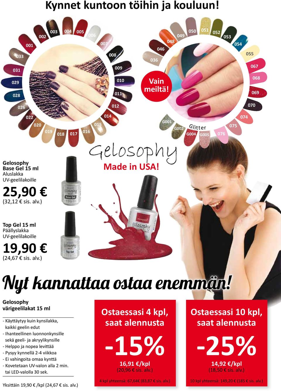 alv.) Made in USA! Top Gel 15 ml Päällyslakka UV-geelilakoille 19,90 (24,67 sis. alv.) Nyt kannattaa taa enemmän!