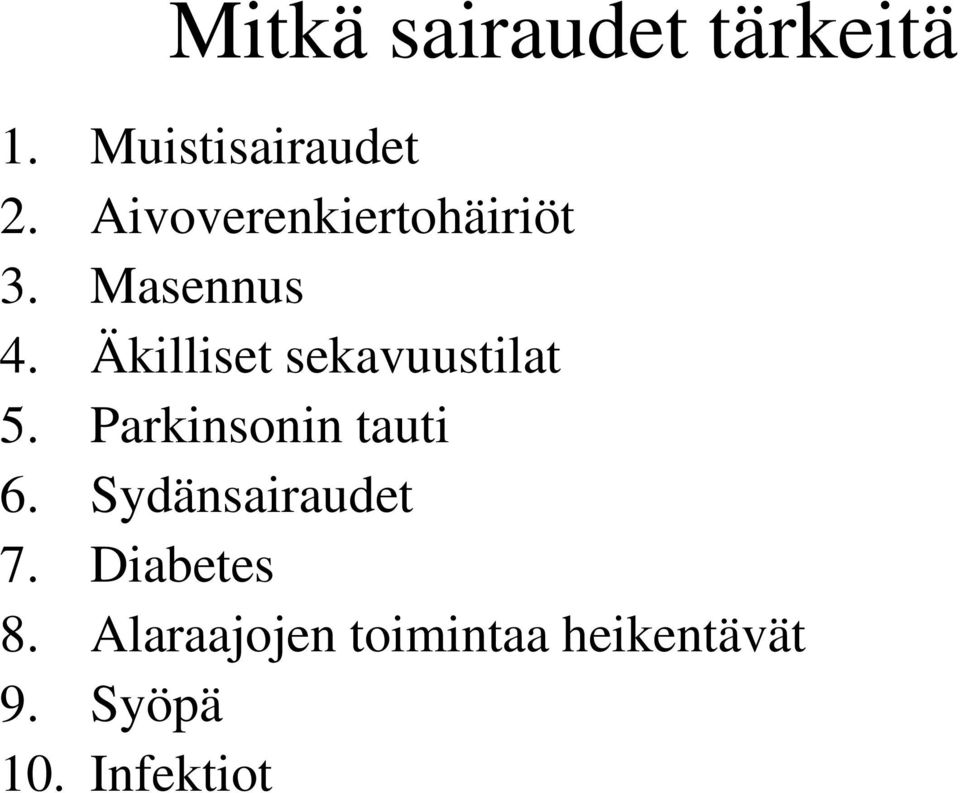 Äkilliset sekavuustilat 5. Parkinsonin tauti 6.