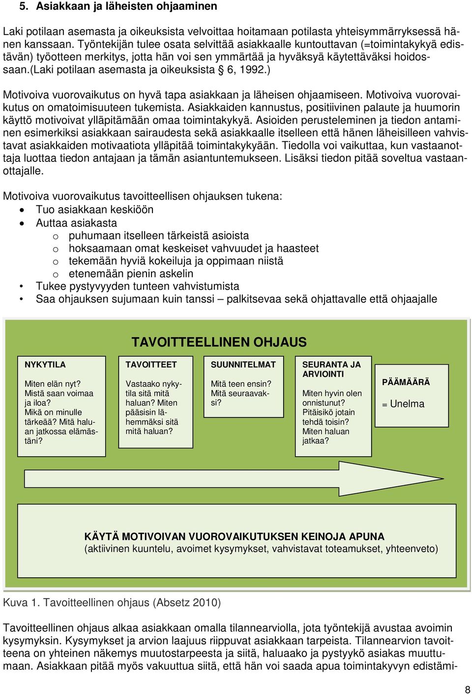 (laki potilaan asemasta ja oikeuksista 6, 1992.) Motivoiva vuorovaikutus on hyvä tapa asiakkaan ja läheisen ohjaamiseen. Motivoiva vuorovaikutus on omatoimisuuteen tukemista.