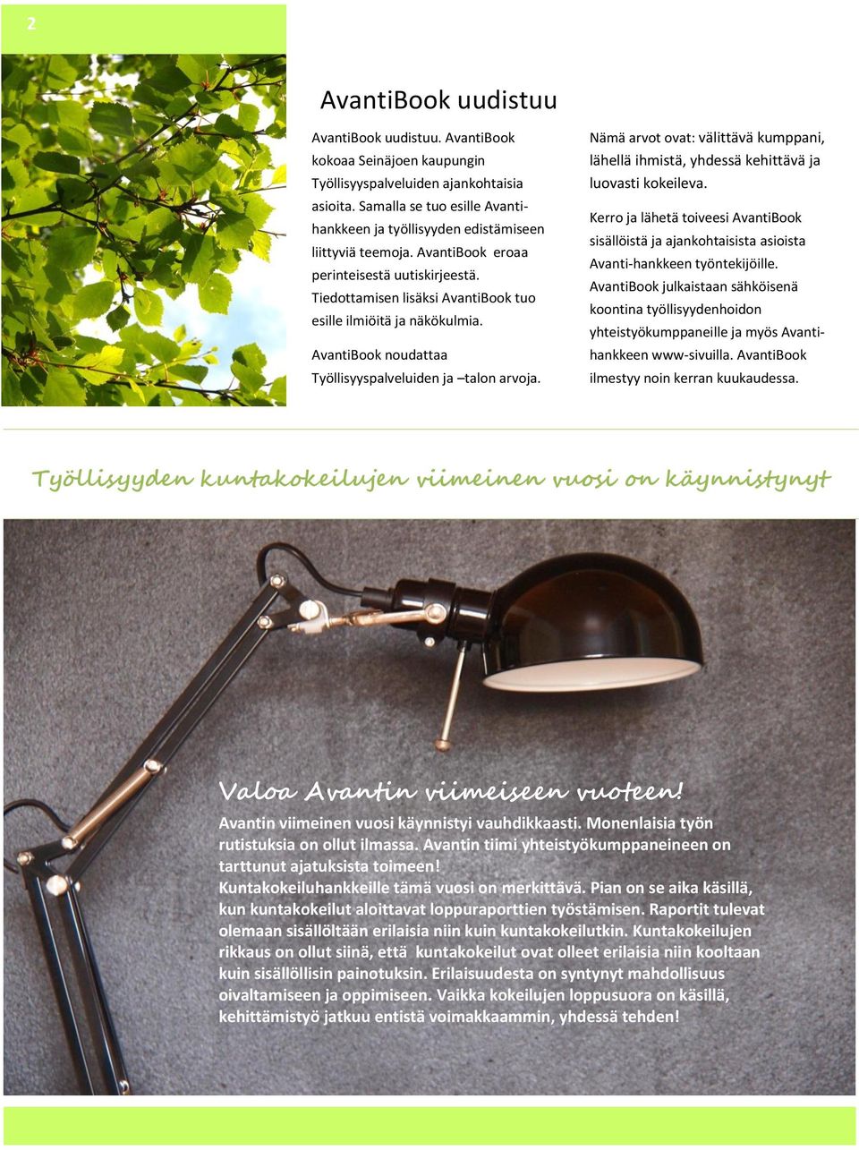 AvantiBook noudattaa Työllisyyspalveluiden ja talon arvoja. Nämä arvot ovat: välittävä kumppani, lähellä ihmistä, yhdessä kehittävä ja luovasti kokeileva.