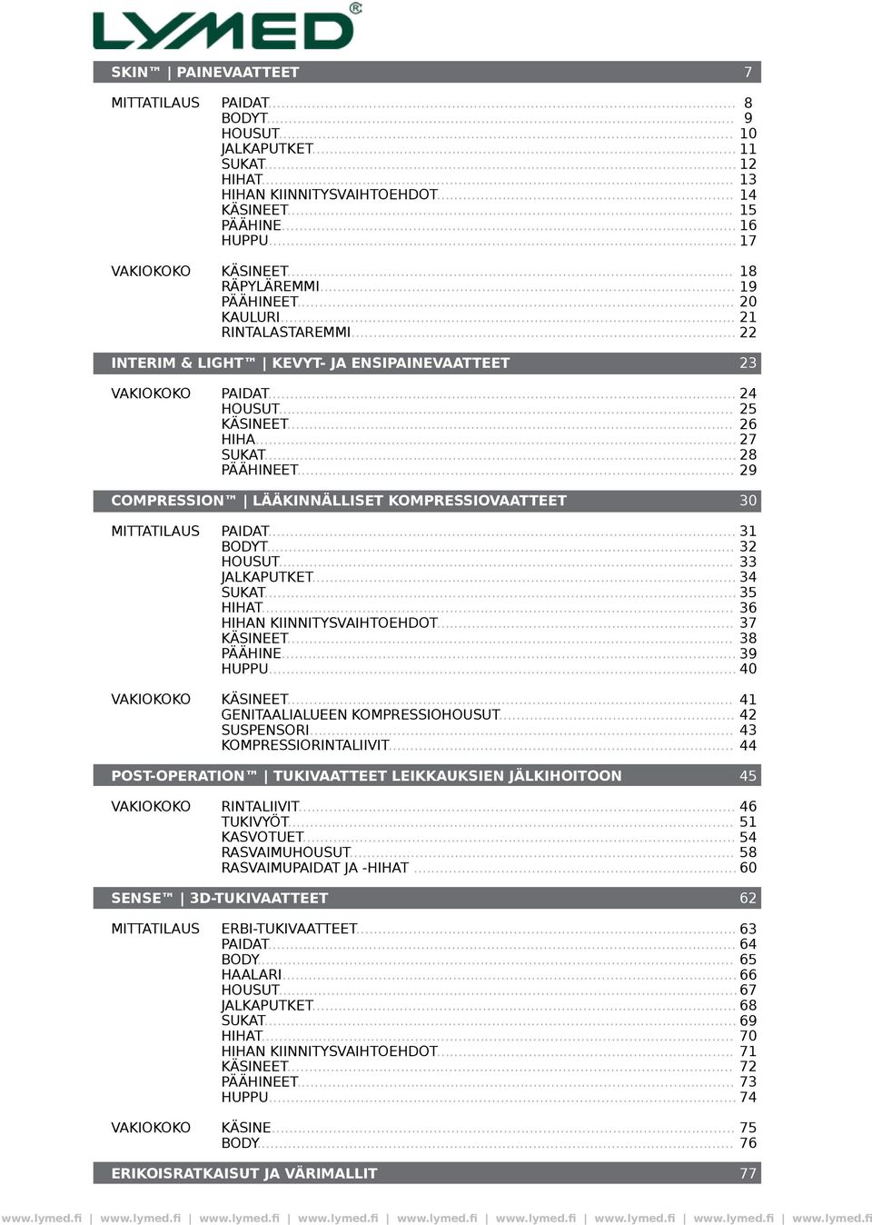 .. 28 PÄÄHINEET... 29 COMPRESSION LÄÄKINNÄLLISET KOMPRESSIOVAATTEET 30 MITTATILAUS VAKIOKOKO PAIDAT... 31 BODYT... 32 HOUSUT... 33 JALKAPUTKET... 34 SUKAT... 35 HIHAT... 36 HIHAN KIINNITYSVAIHTOEHDOT.