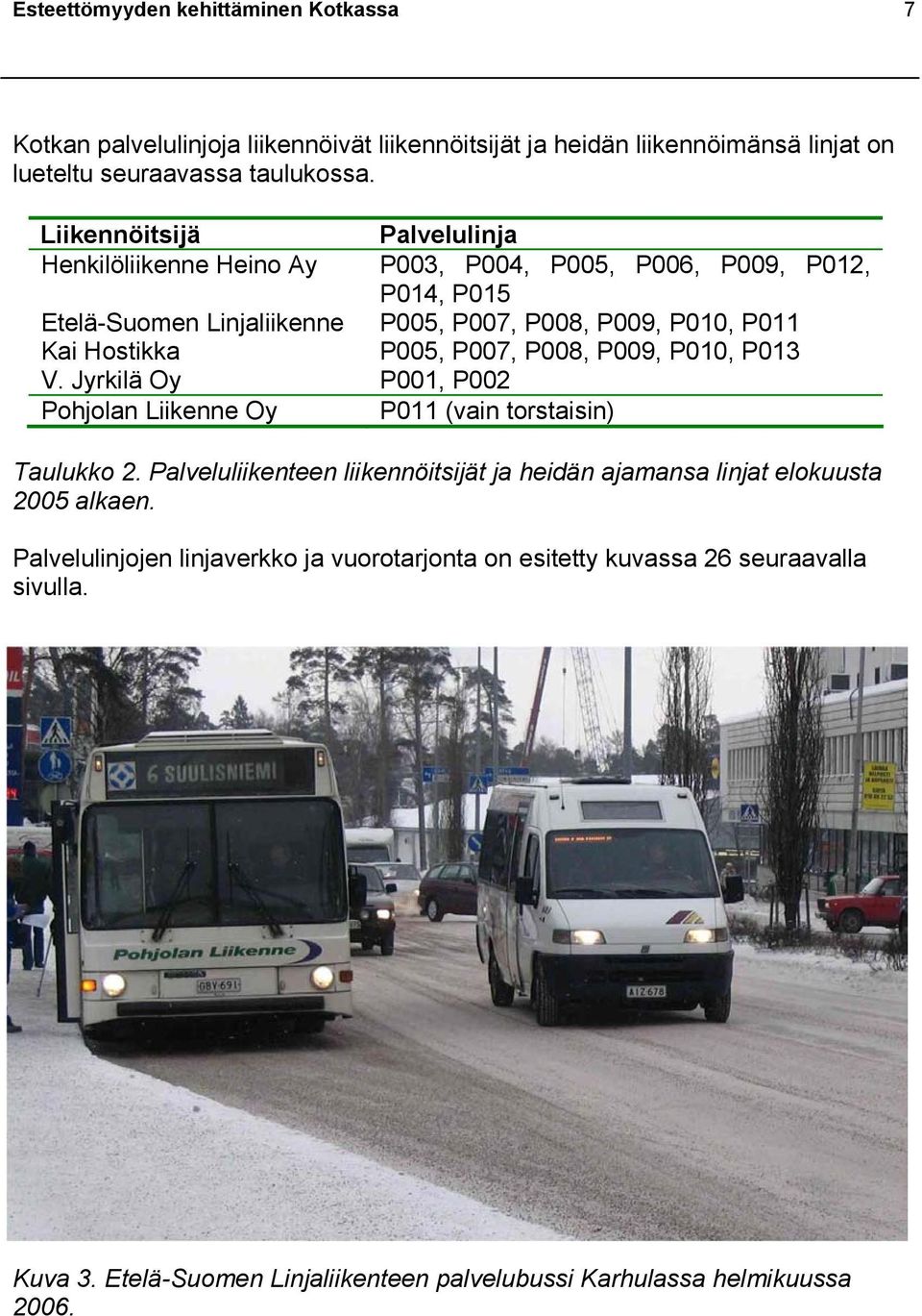 P005, P007, P008, P009, P010, P013 V. Jyrkilä Oy P001, P002 Pohjolan Liikenne Oy P011 (vain torstaisin) Taulukko 2.