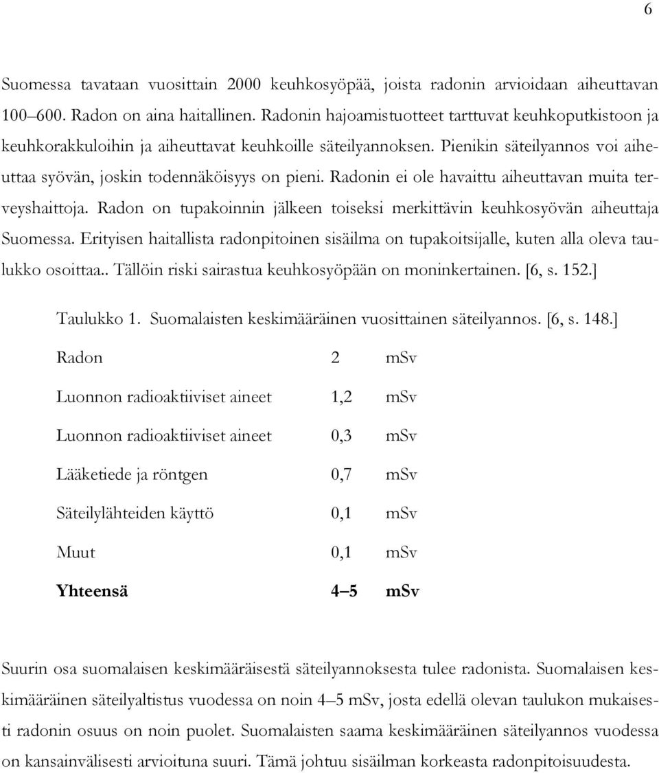 Radonin ei ole havaittu aiheuttavan muita terveyshaittoja. Radon on tupakoinnin jälkeen toiseksi merkittävin keuhkosyövän aiheuttaja Suomessa.