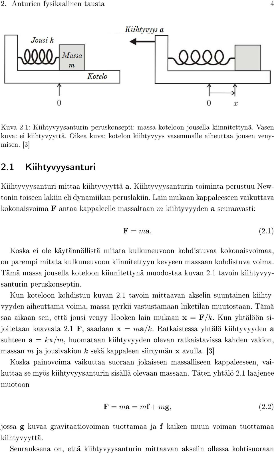 Kiihtyvyysanturin toiminta perustuu Newtonin toiseen lakiin eli dynamiikan peruslakiin.