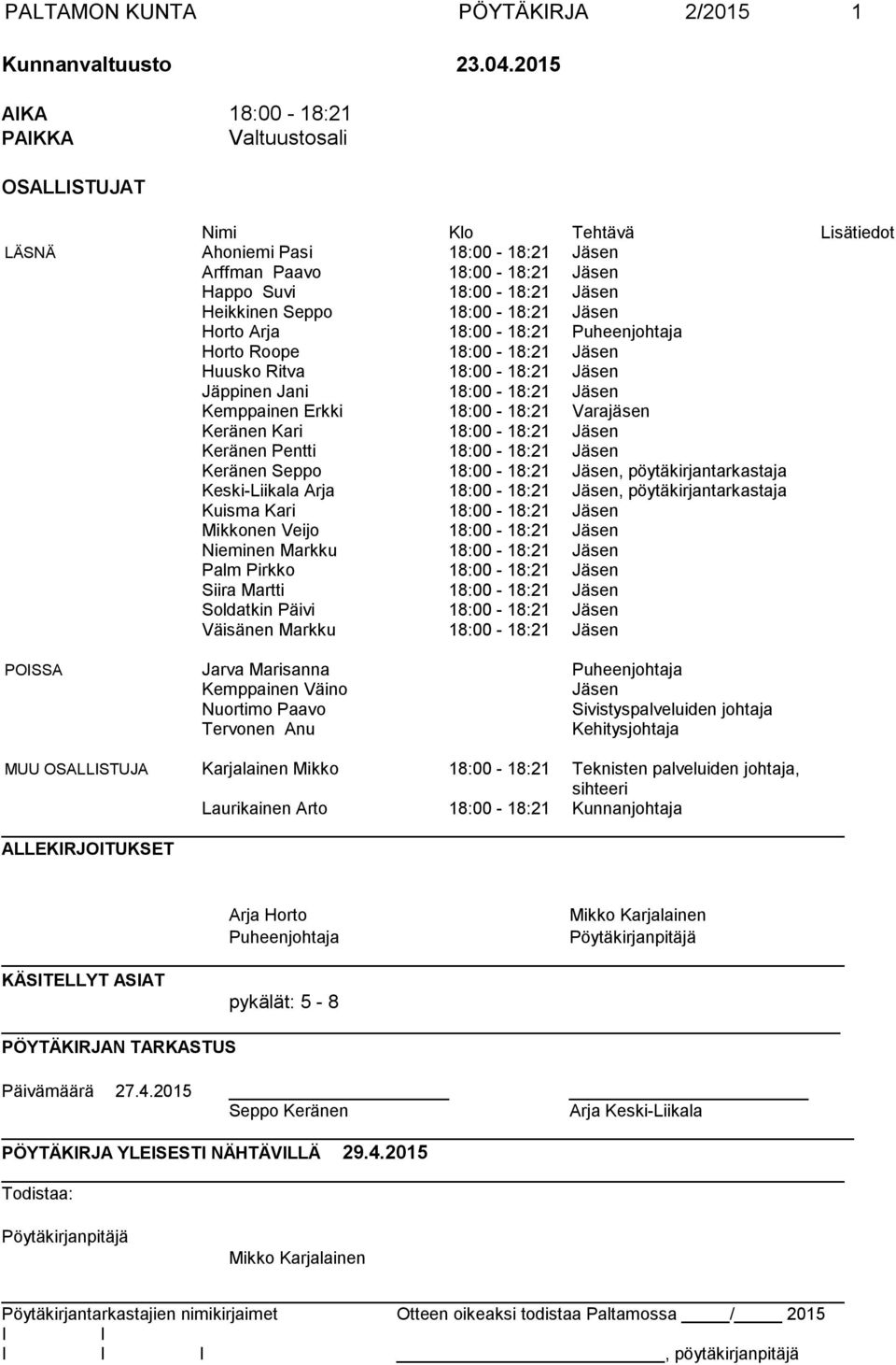 18:00-18:21 Jäsen Horto Arja 18:00-18:21 Puheenjohtaja Horto Roope 18:00-18:21 Jäsen Huusko Ritva 18:00-18:21 Jäsen Jäppinen Jani 18:00-18:21 Jäsen Kemppainen Erkki 18:00-18:21 Varajäsen Keränen Kari