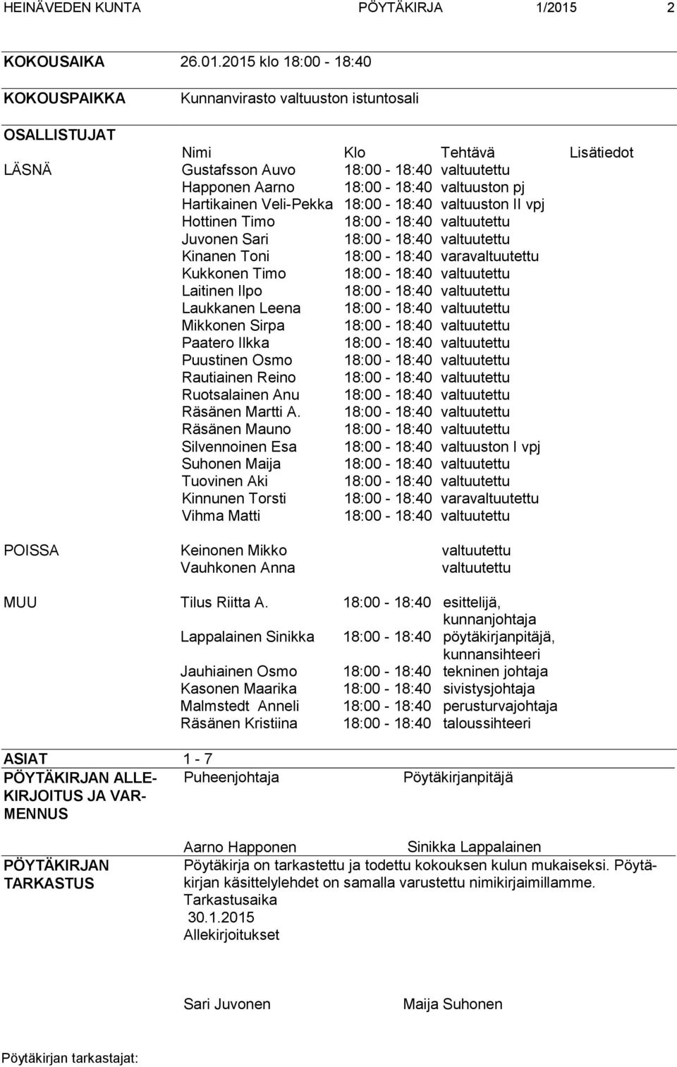 2015 klo 18:00-18:40 KOKOUSPAIKKA Kunnanvirasto valtuuston istuntosali OSALLISTUJAT Nimi Klo Tehtävä Lisätiedot LÄSNÄ Gustafsson Auvo 18:00-18:40 valtuutettu Happonen Aarno 18:00-18:40 valtuuston pj