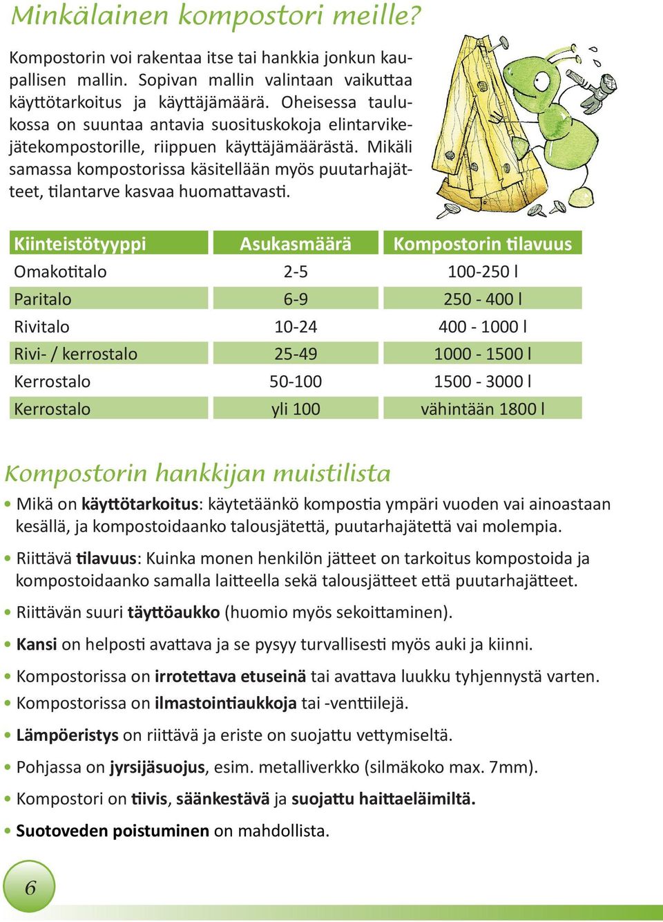 Mikäli samassa kompostorissa käsitellään myös puutarhajätteet, tilantarve kasvaa huomattavasti.