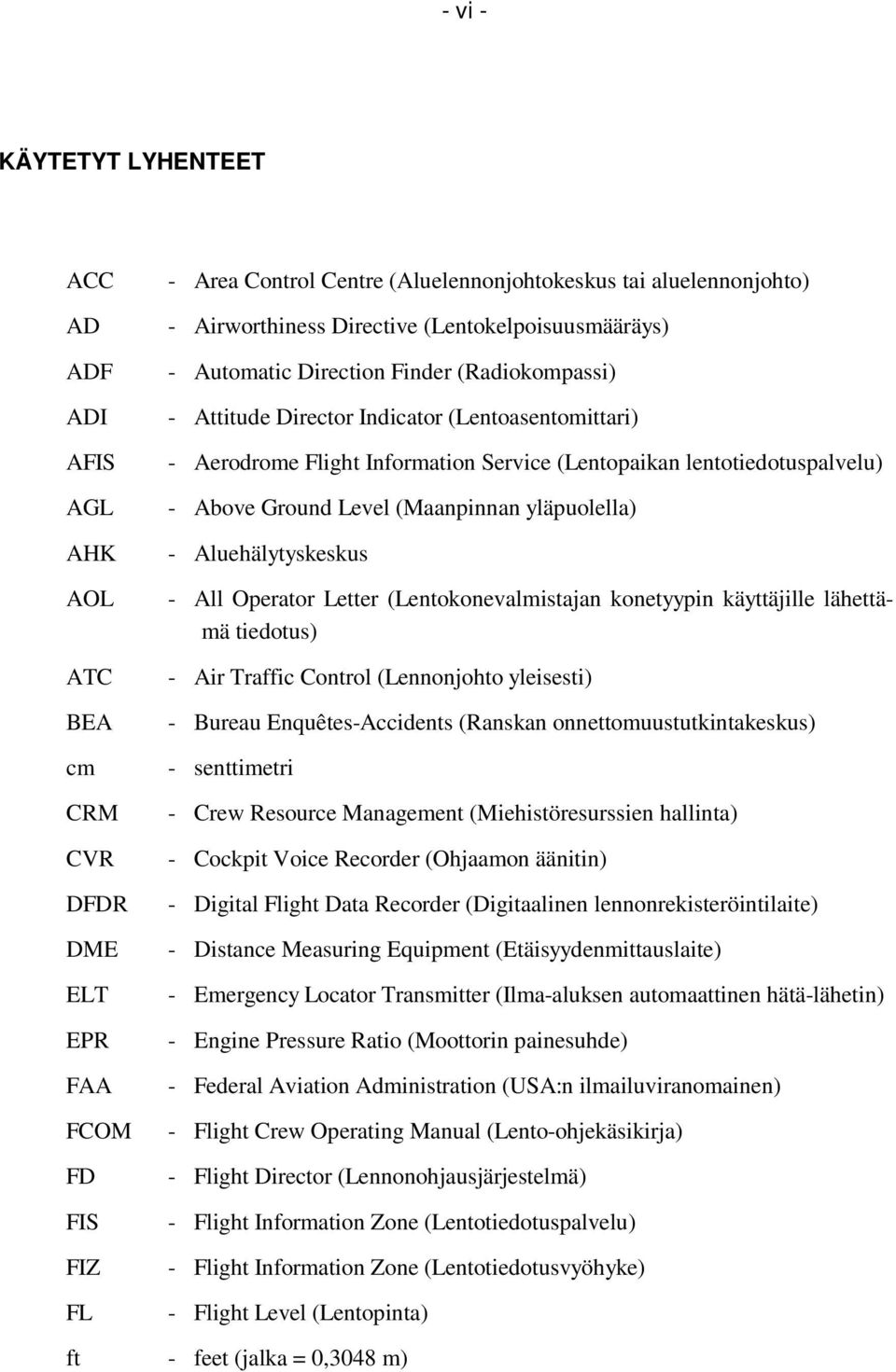 Aluehälytyskeskus AOL - All Operator Letter (Lentokonevalmistajan konetyypin käyttäjille lähettämä tiedotus) ATC - Air Traffic Control (Lennonjohto yleisesti) BEA - Bureau Enquêtes-Accidents (Ranskan