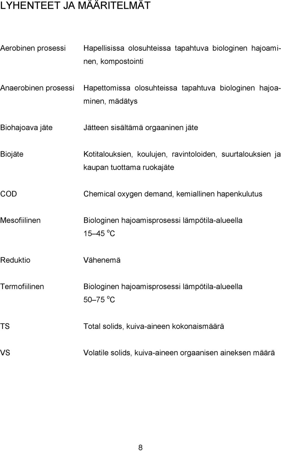 tuottama ruokajäte COD Chemical oxygen demand, kemiallinen hapenkulutus Mesofiilinen Biologinen hajoamisprosessi lämpötila-alueella 15 45 o C Reduktio Vähenemä