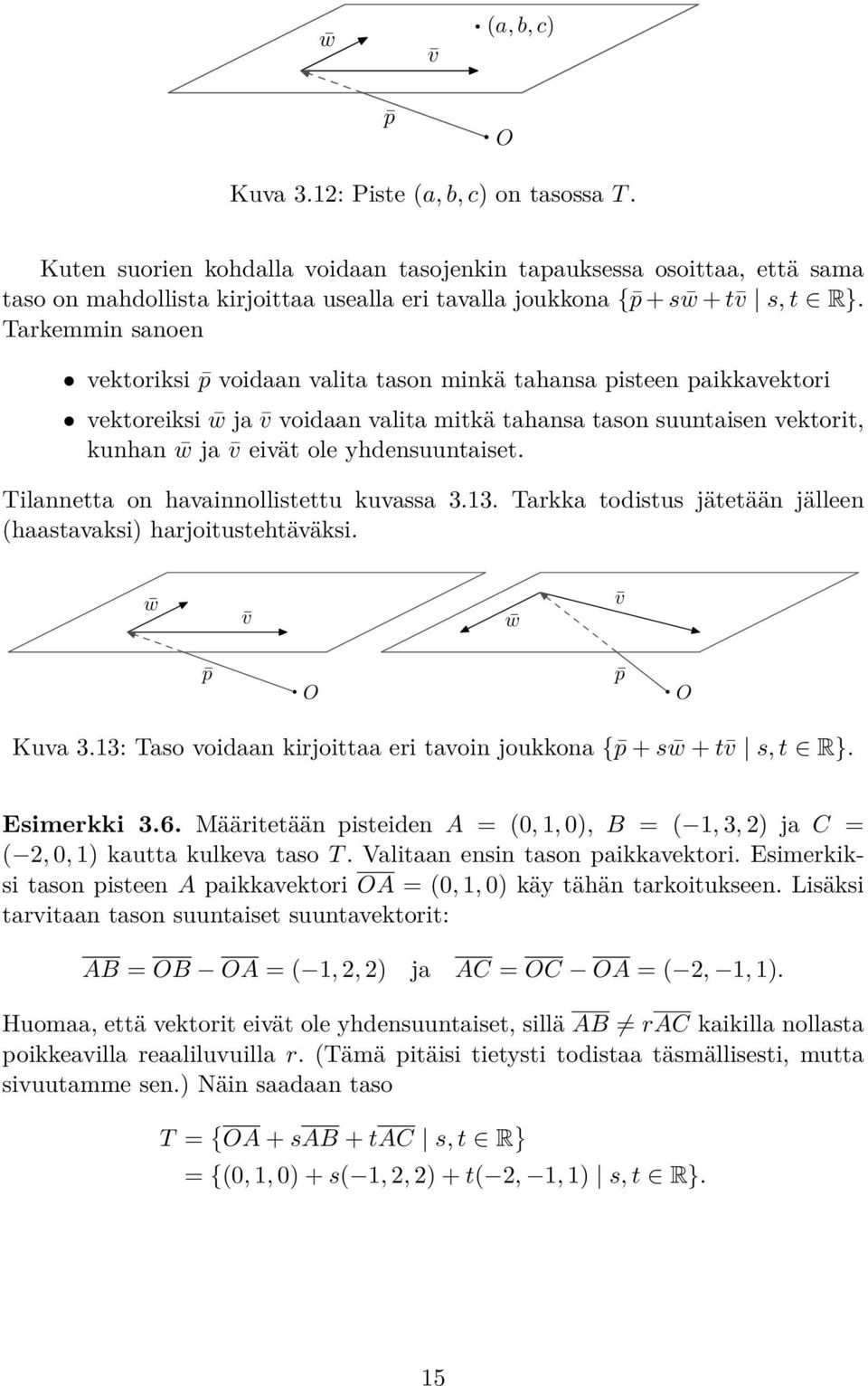 Tarkemmin sanoen vektoriksi voidaan valita tason minkä tahansa pisteen paikkavektori vektoreiksi w ja voidaan valita mitkä tahansa tason suuntaisen vektorit, kunhan w ja eivät ole yhdensuuntaiset.