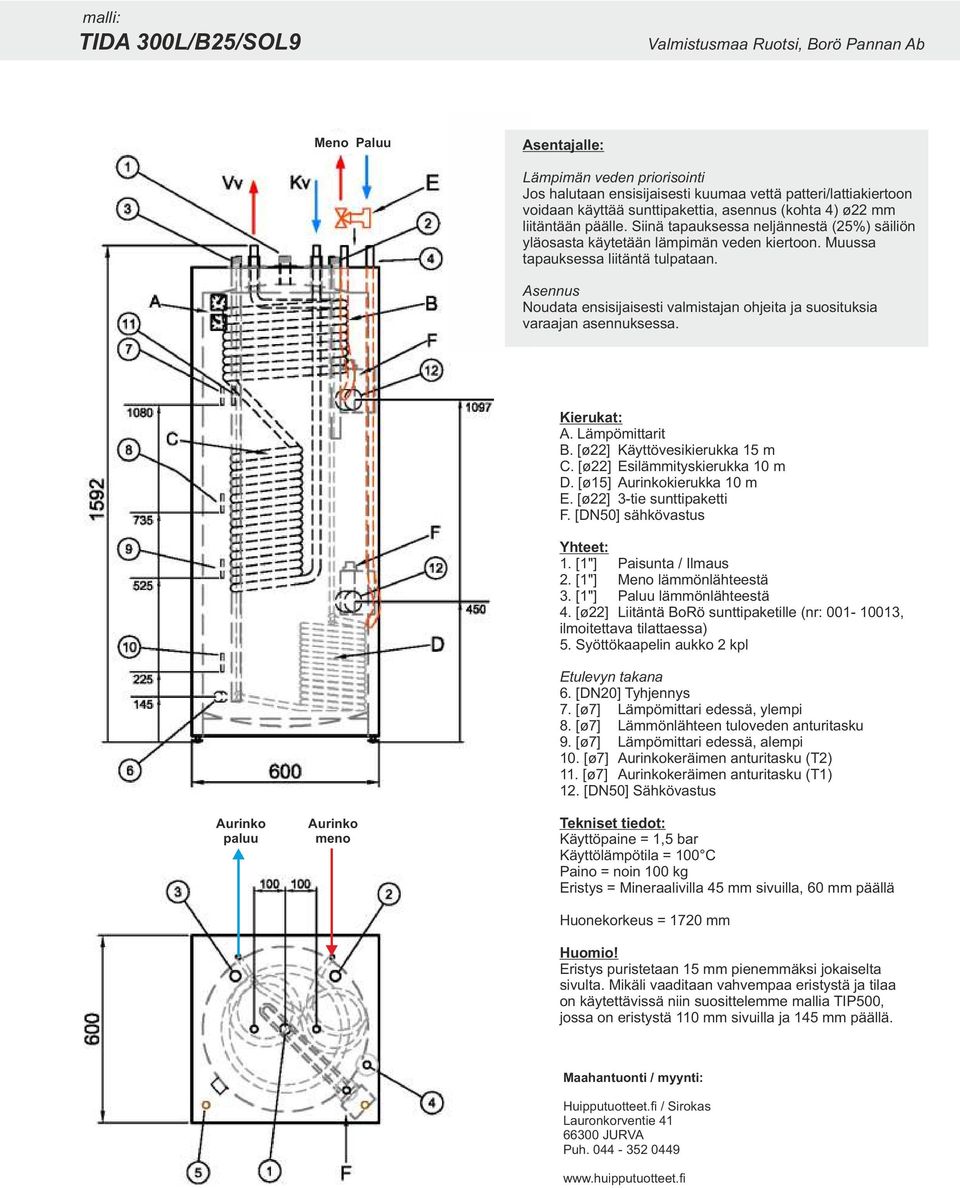 Asennus Noudata ensisijaisesti valmistajan ohjeita ja suosituksia varaajan asennuksessa. paluu meno Kierukat: A. Lämpömittarit B. [ø22] Käyttövesikierukka 15 m C. [ø22] Esilämmityskierukka 10 m D.