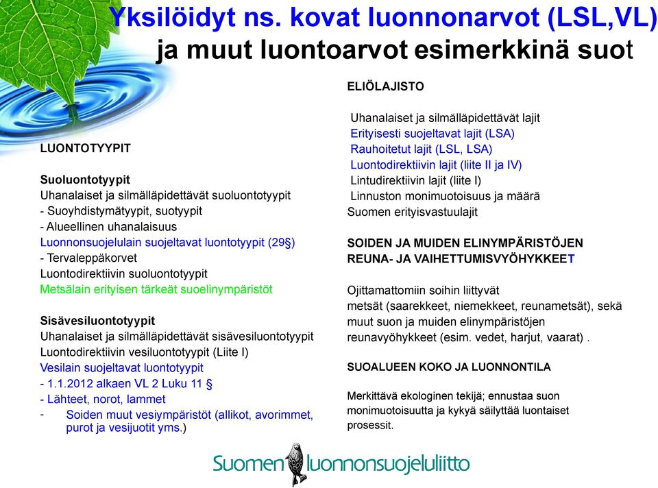 Alueellinen uhanalaisuus Luonnonsuojelulain suojeltavat luontotyypit (29 ) - Tervaleppäkorvet Luontodirektiivin suoluontotyypit Metsälain erityisen tärkeät suoelinympäristöt Sisävesiluontotyypit