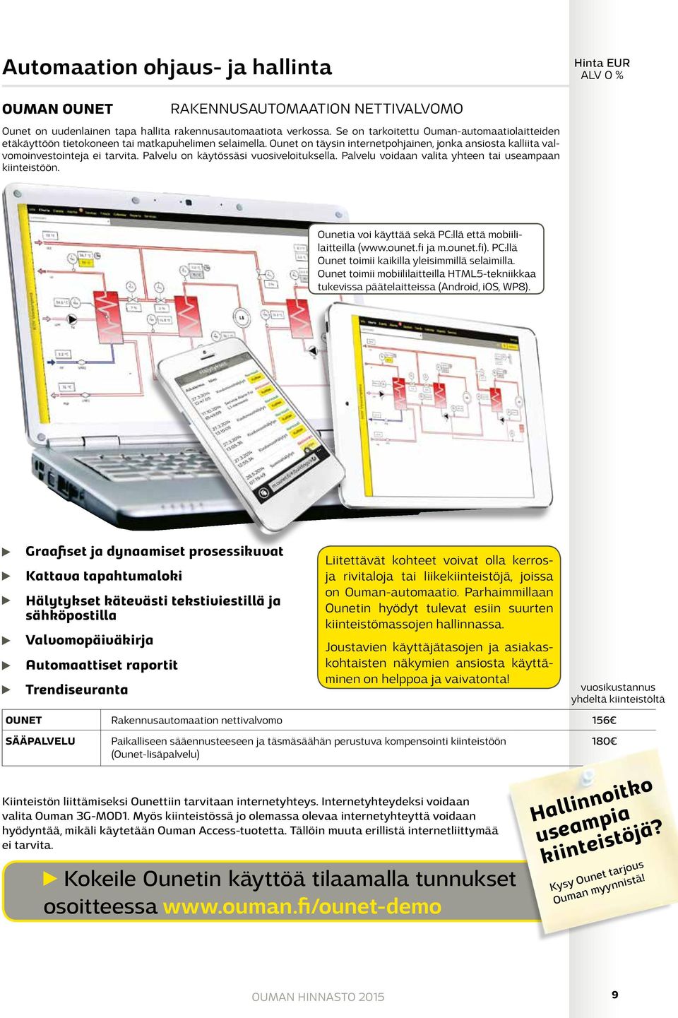 Palvelu on käytössäsi vuosiveloituksella. Palvelu voidaan valita yhteen tai useampaan kiinteistöön. Ounetia voi käyttää sekä PC:llä että mobiililaitteilla (www.ounet.fi ja m.ounet.fi).