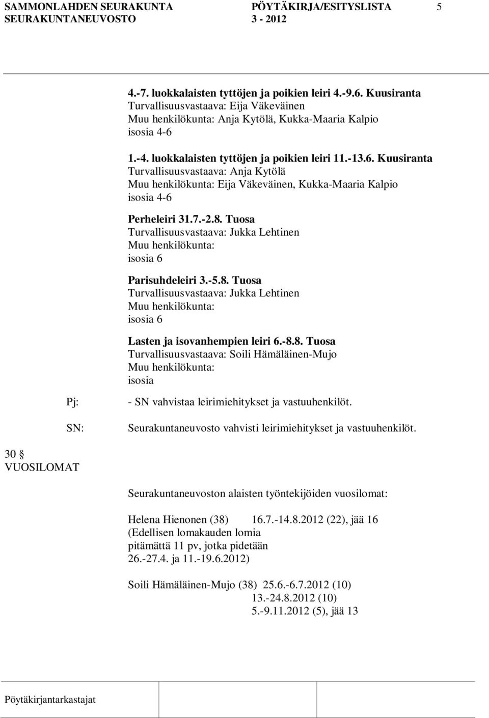 1.-4. luokkalaisten tyttöjen ja poikien leiri 11.-13.6. Kuusiranta Turvallisuusvastaava: Anja Kytölä Muu henkilökunta: Eija Väkeväinen, Kukka-Maaria Kalpio isosia 4-6 Perheleiri 31.7.-2.8.