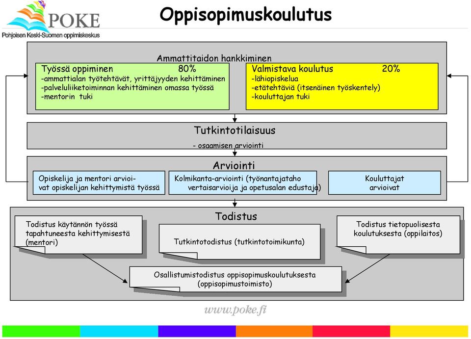 opiskelijan kehittymistä työssä Arviointi Kolmikanta-arviointi (työnantajataho vertaisarvioija ja opetusalan edustaja) Kouluttajat arvioivat Todistus käytännön työssä tapahtuneesta